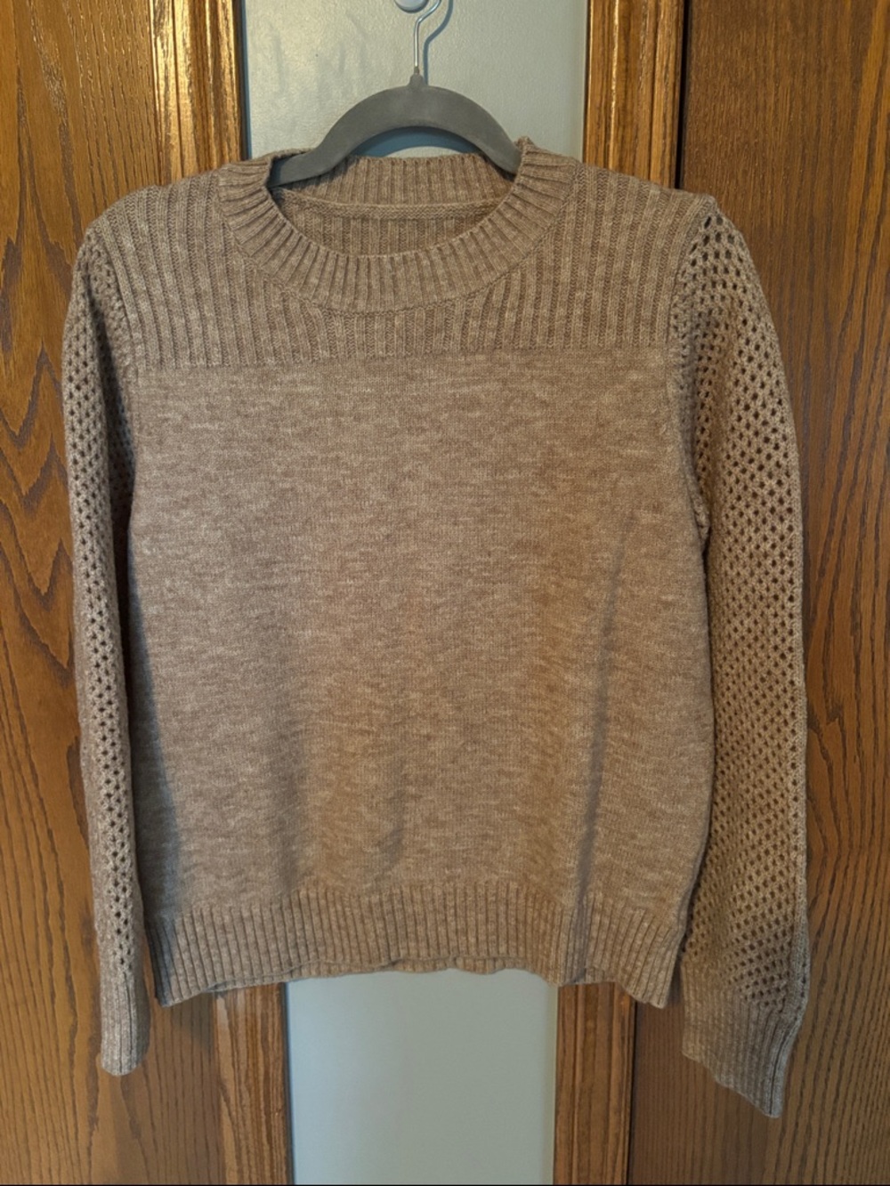 SHEIN Taupe Open-Knit Sleeve Crewneck Sweater